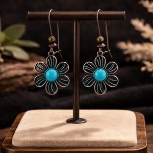 Flower design Copper & Turquoise Patina finish with Turquoise bead earrings